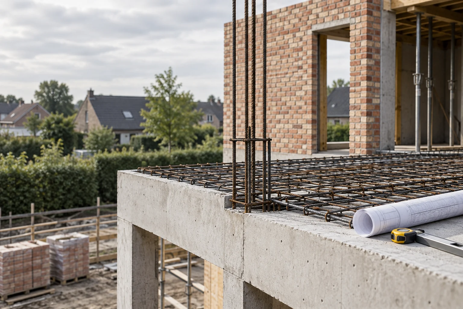 Wapening, beton en metselwerk op een Vlaamse woningbouwplaats