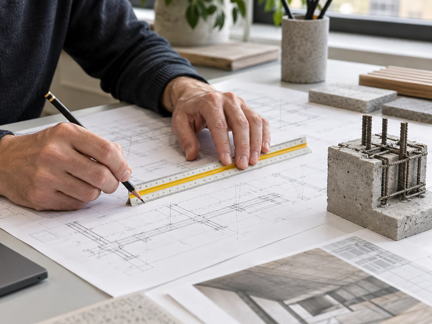 Ingenieur werkt een stabiliteitsstudie uit op bouwplannen