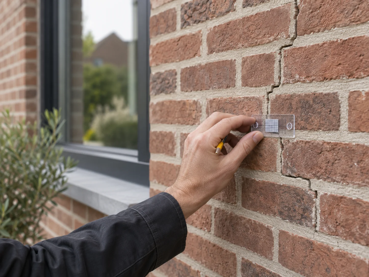 Ingenieur controleert een fijne trapsgewijze scheur in een bakstenen gevel