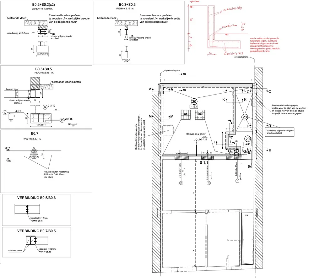 Voorbeeld van een wapeningsplan met details en doorsnedes